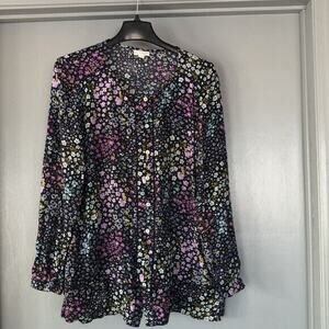J Jill Blouse Women's Size Large Multicolored Floral Front Button Long Sleeve